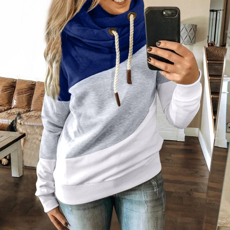 

Women Fleece Lined Hoodie Printed Stitching Hooded Loose Long Sleeve Sweatshirt A66