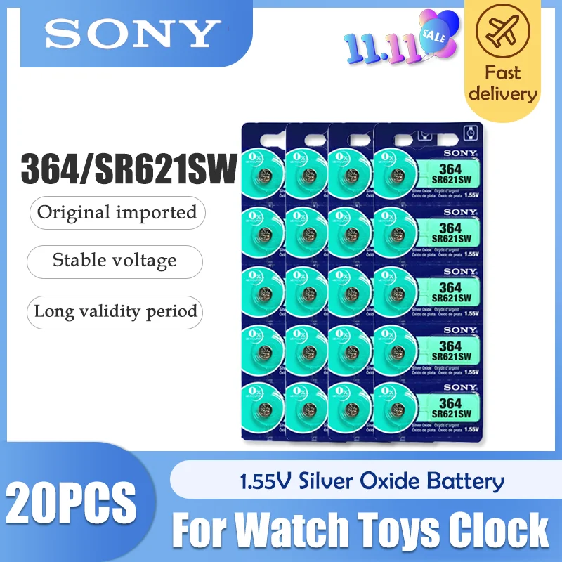 20 шт./лот Sony 364 100% оригинал 1 55 в серебряный оксид часовая батарея SR621SW V364 SR60 SR621 AG1
