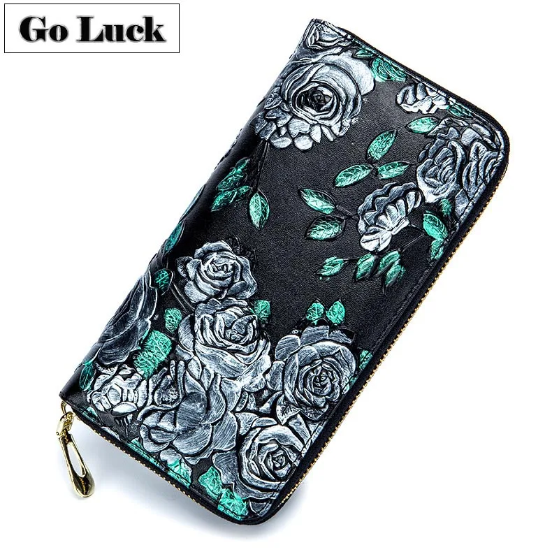 Бренд GO-LUCK, натуральная кожа, цветочный узор, клатчи, кошелек, женский кошелек на молнии, Женский держатель для карт, чехол для мобильного телефона, чехол для карт
