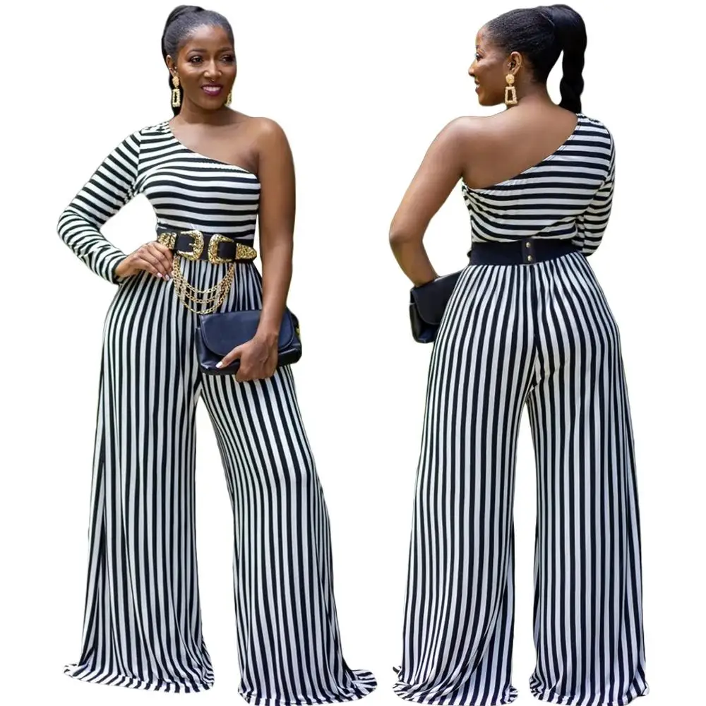

New fashion striped print loose Jumpsuit summer slant neck single sleeve women's T-shirt pants