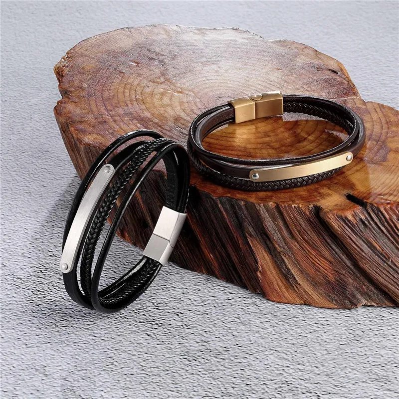 Fashion Genuine Leather Bracelet Men Black Braid Multilayer Rope Chain Stainless Steel ID Brand Magnetic Clasp Male Jewelry Gift | Украшения