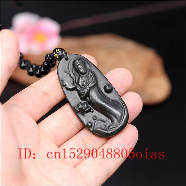 Natural Black Green Chinese Jade Guanyin Pendant Beads Necklace Charm Jewelry Obsidian Accessories Carved Amulet Gifts for Men | Украшения