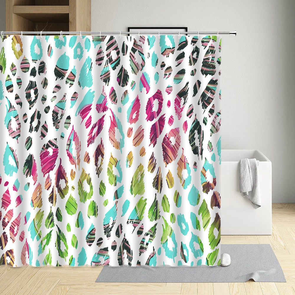 

Leopard Pattern Creative Shower Curtain Flower Blue Green Leaf Washable Waterproof Cloth Bathroom Decor Bath Screen With Hooks