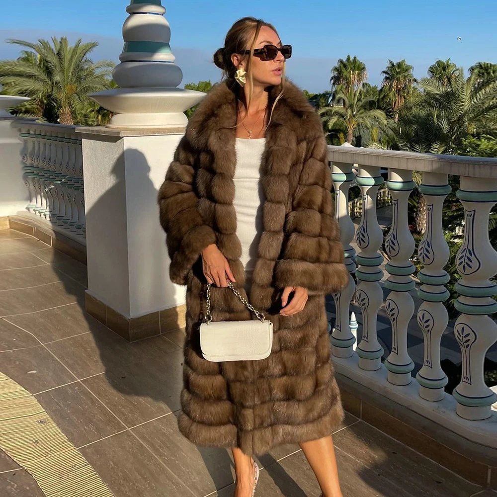 

Women Fashion Long Fox Fur Coat Natural Women Whole Skin Genuine Fox Fur Coats with Lapel Collar Trendy Sable Color Fur Overcoat