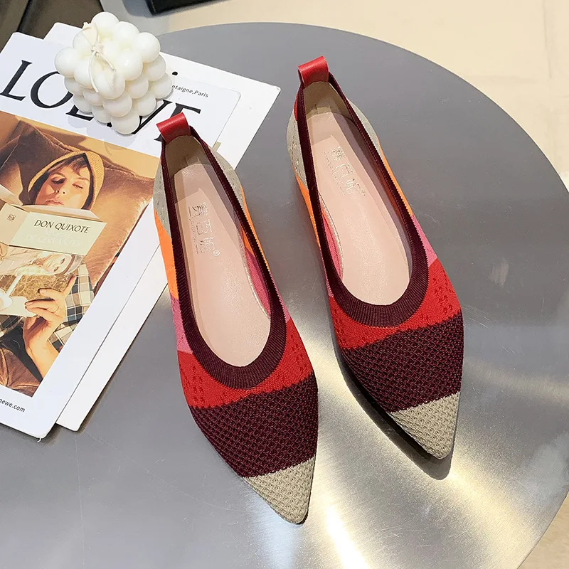Pointed Shallow Shoes Women Flat Shoes Knit Moccasin Mixed Color Ballet Woman Soft Single Shoe Breathable Mujer Zapatos De 35-40