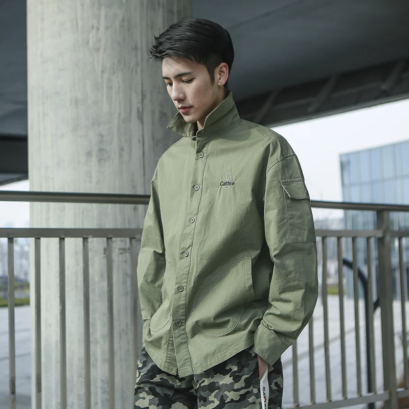 Однотонная уличная Мужская рубашка куртка хип-хоп с длинными рукавами карманами