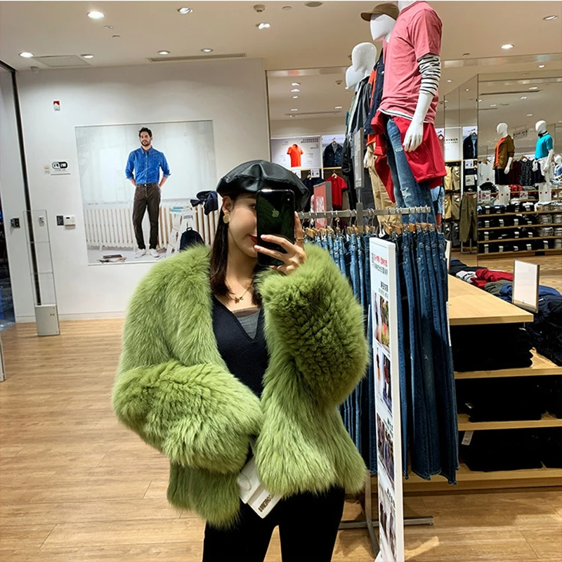 Женское пальто с натуральным мехом лисы зеленое теплое из 100% лисьего меха зима 2019