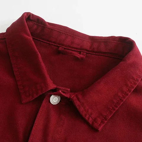 Женская ВИНТАЖНАЯ ДЖИНСОВАЯ КУРТКА, бордовая модная куртка с длинным рукавом и бантом, с карманами, джинсовая куртка с отложным воротником, 2020