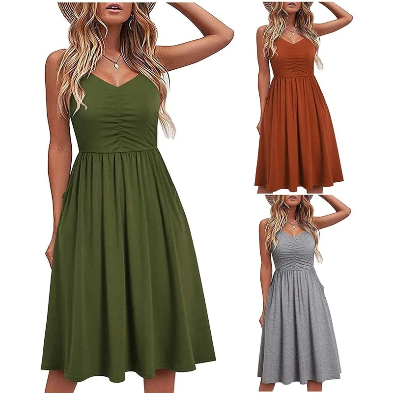 

Beach Boho Solid color Dress 2021 New Sexy V-neck Sleeveless Loose A-Line Dress Summer Women Casual midi Sling Dresses Vestidos