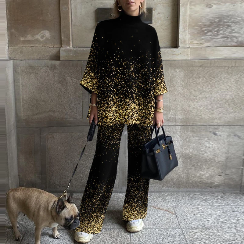 Топ с полувысоким воротником свободные брюки Женский комплект из двух предметов