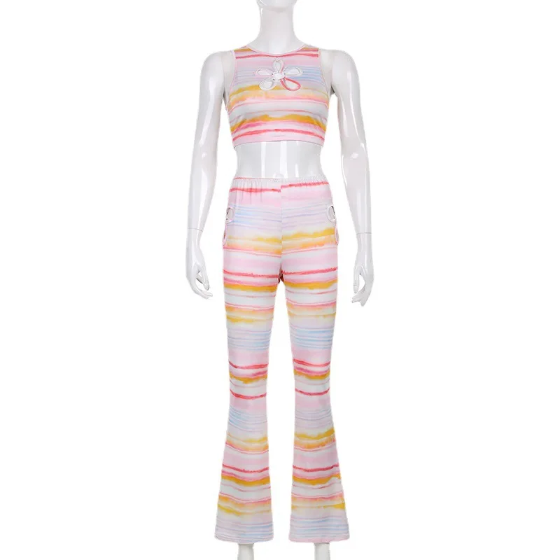 

Summer Y2K Cropped Tanks E Girls Tops Sexy T Shirts Cropped Tops Two Piece Set Women Pants 2021 Striped Sexy Loose Trousers Suit