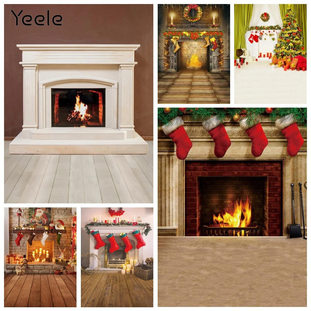 

Yeele Christmas Fireplace Wooden Floor Wall Home Decoration Backdrop Photography Photographic Background For Photo Studio