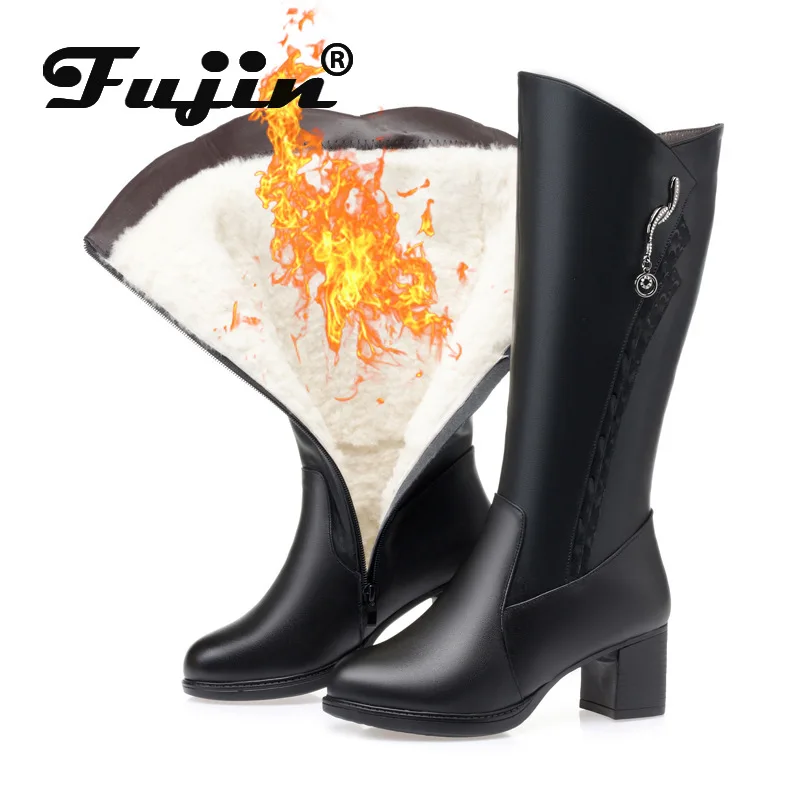 Fujin/шерстяные женские зимние сапоги до колена Теплая обувь из натуральной кожи на