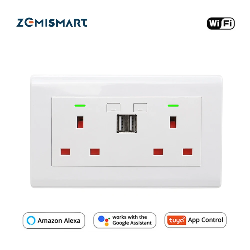 

Zemismart Tuya WiFi UK Socket with Dual USB Ports Smart Wall Outlet Neutral Required On Off Physical Key Alexa Google Home