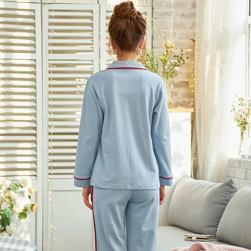 

Fashion Pajamas Women 2pcs Set Spring Autumn Ladies Casual Knitted Cotton Lapel Cardigan Short Sleeve Trousers Homewear Blue