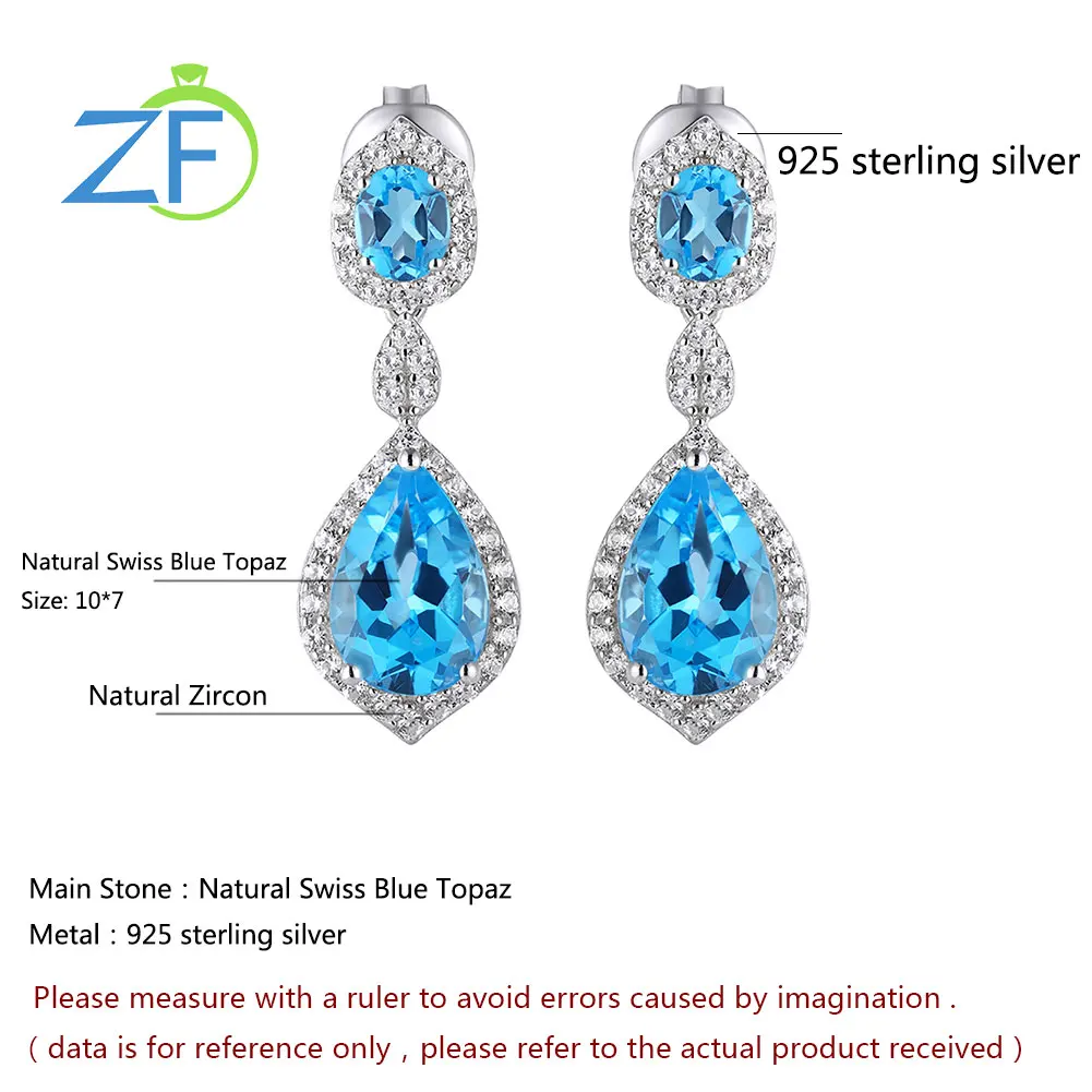 

GZ ZONGFA High Quality Fine Jewelry Elegant Ladies Earrings 925 Sterling Silver Natural Swiss Blue Topaz Drop Earrings