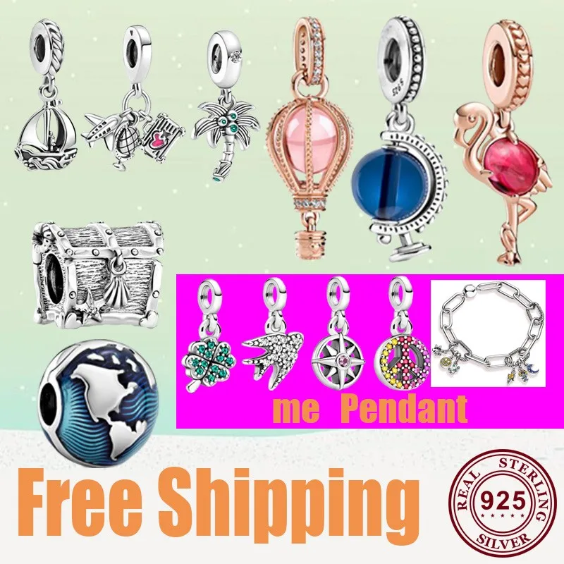 

Summer New 925 Silver Ocean Coconut Tree Sailing Rose Gold Balloon Pendant For Original Pan Bracelet Diy Women's Jewelry