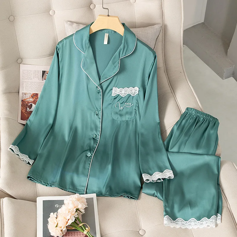 

Light Green 2PCS Rayon Lady Pajamas Set Sexy Turn-Down Collar Pyjamas Suit Lace Floral Sleepwear Nightwear Summer Bride Homewear