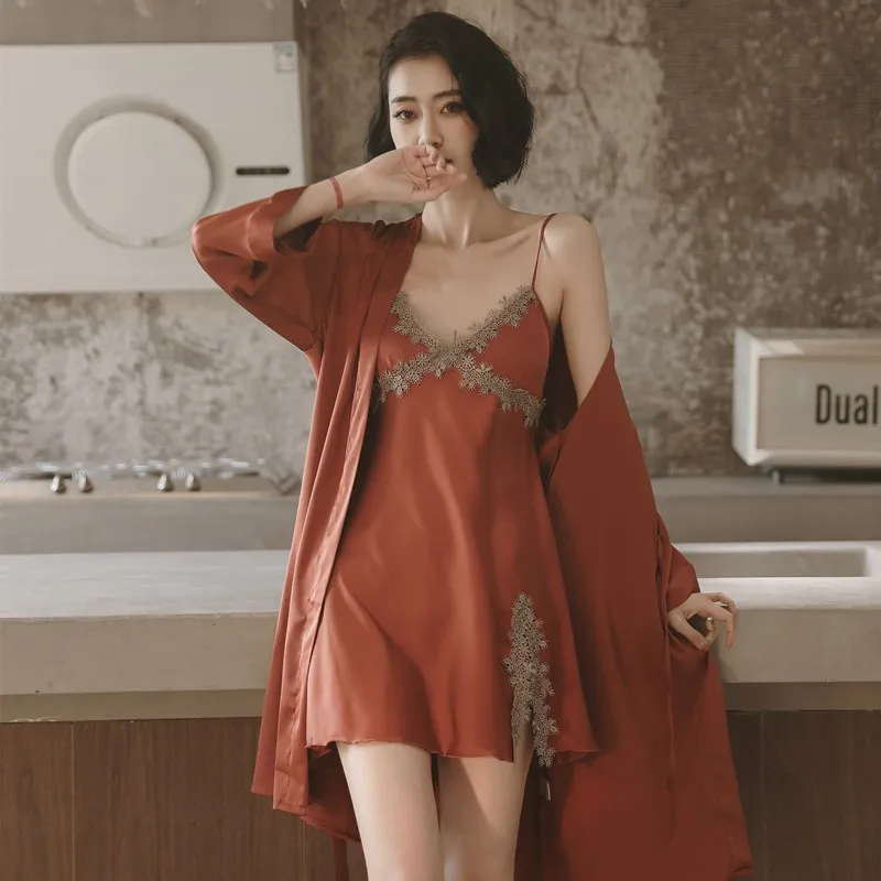 

Lace Sexy Spaghetti Strap Autumn New Hollow Out Long Section female Robe Set Cardigan Twinset Bathrobe Intimate Lingerie
