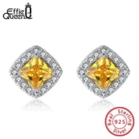 effie queen solid 925 sterling silver women cz stud earrings rhodium finish yellow crystals sparkling square stud jewelry ape31