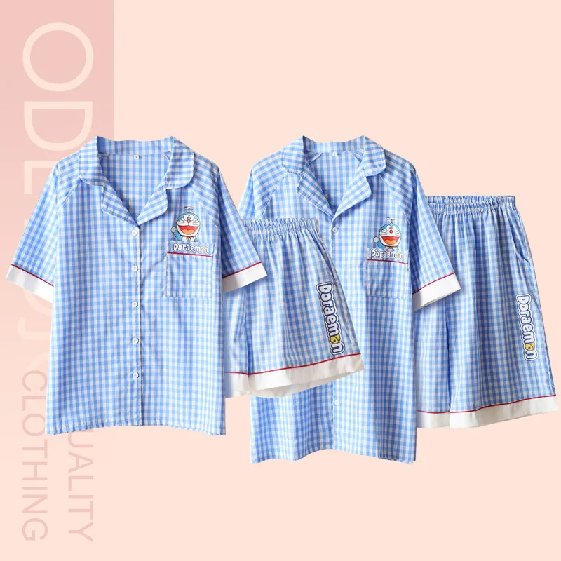 

Summer new cartoon cute cardigan home service couple plaid loose men and women pajamas suit short-sleeved shorts