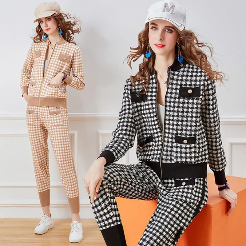 

2021 Autumn winter Knitted Tracksuit Houndstooth 2 Piece Set Women's Plaid Cardigans Tops + Pants Two Piece Sets