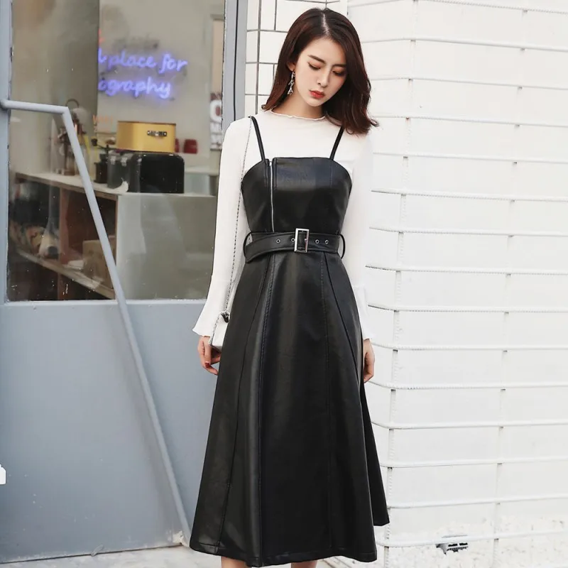 

Autumn Winter Korean Slim Fit Womens PU Leather Dresses High Waist Sleeveless Spaghetti Strap Moto Biker Medium Length Dresses