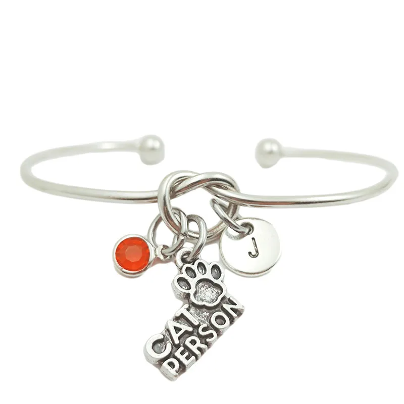 

Cat Person Retro Creative Initial Letter Monogram Birthstone Adjustable Bracelet Fashion Jewelry Women Gift Pendant