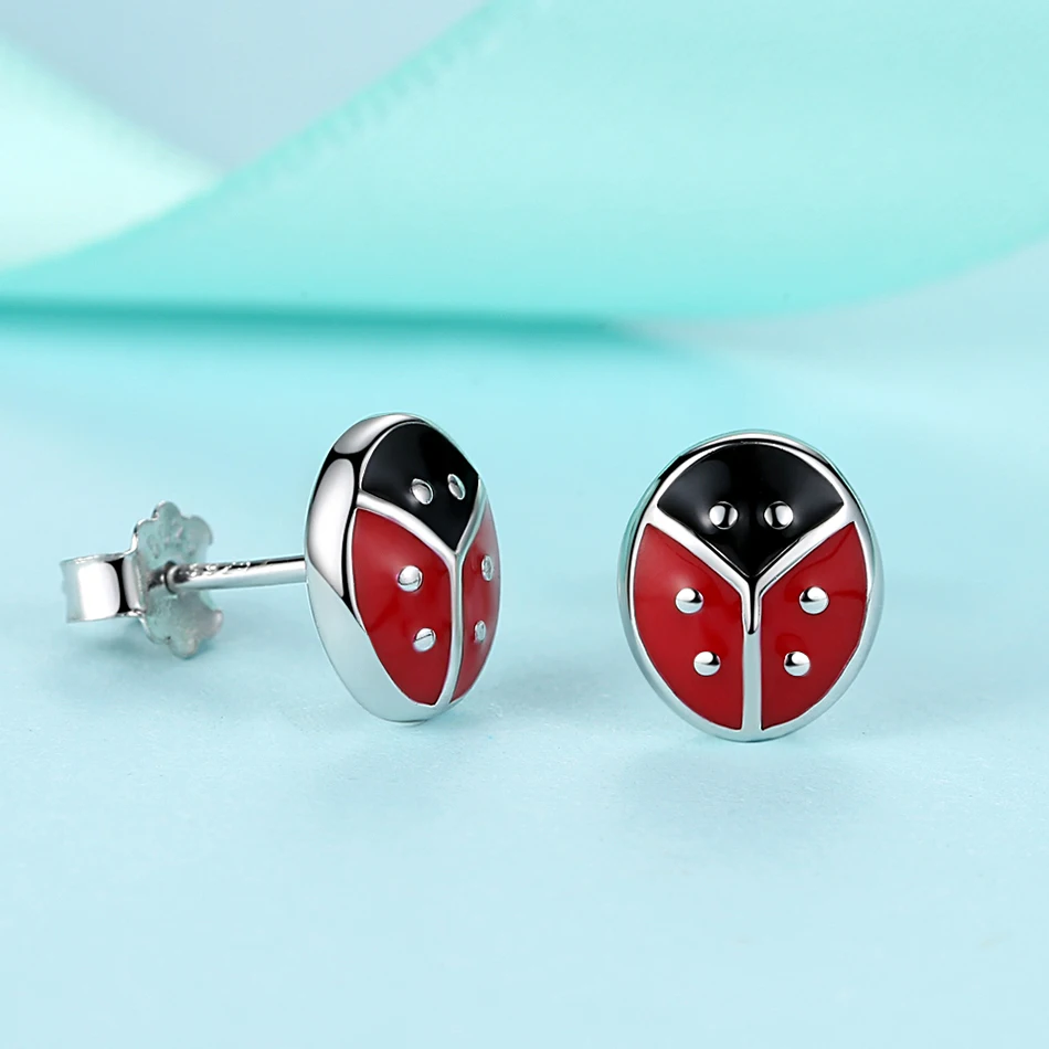 Женские серьги-гвоздики из серебра 925 пробы с красными Божьими коровками |