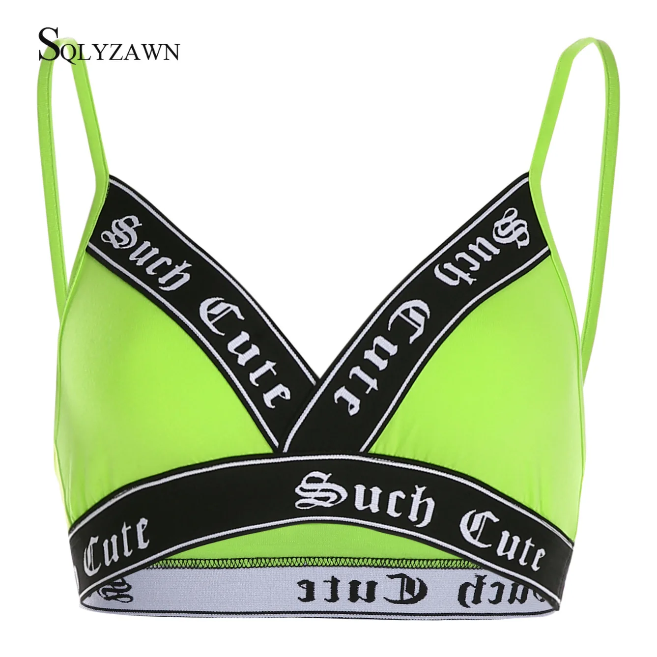 Patchwork Sexy V-neck crop Top Women neon color Letter Ribbon Backless Elastic Waist tank Top Streetwear Sleeveless Fitness Tops