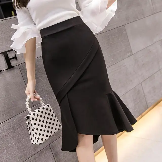 

Casual Solid Women Hip Skirts Split Ruffle OL Working Ladies Trumpet Skirts Solid Women Casual Summer Skirts