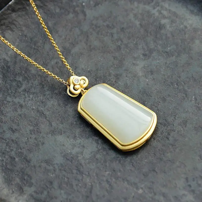 

Natural Hetian Jade White Jade S925 Sterling Silver Tranquility and Peace Plate Pendant Jade Necklace Vintage Gilding Craft