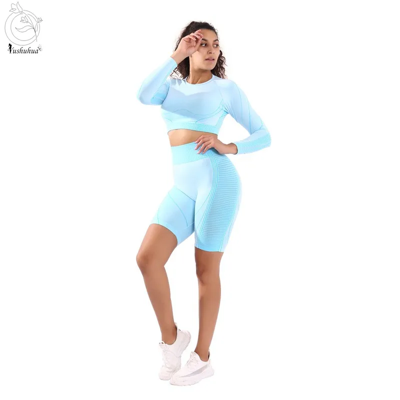 

Yushuhua New 2-piece Set Seamless Yoga Suit Women's Yoga Long sleeve Shirt High Waist Gym Fitness Shorts Jogging Sportswear