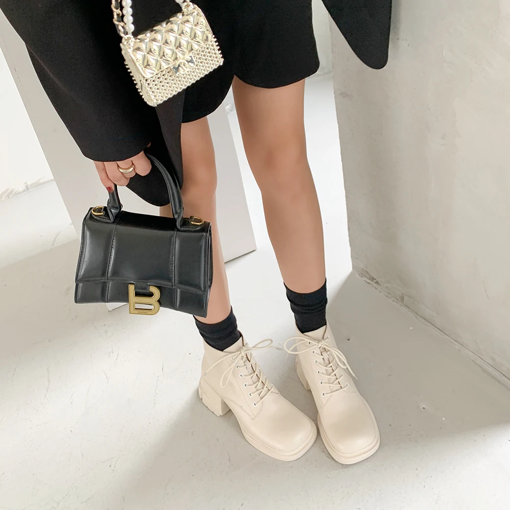 

Martin Boots Women Shoes Autumn Winter Genuine Leather 6cm High Heels Black Beige Trendy Ankle Boots Lace Up Square Toe Fluff