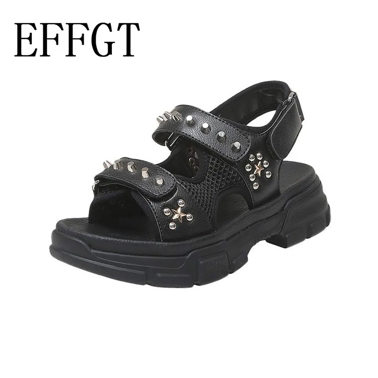 Женские кожаные сандалии-гладиаторы effgt на плоской платформе с заклепками