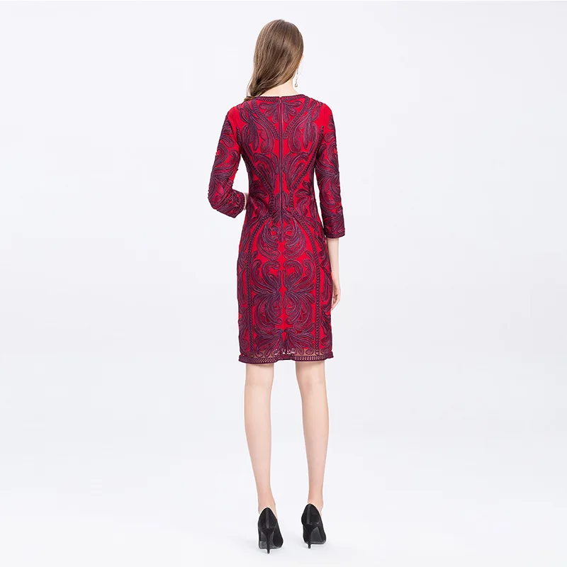 

Vestidos De Fiesta 2020 Spring Women O-Neck Appliques Embroidery 3/4 Sleeve Bodycon Sheath Dress Wine Red XXXL
