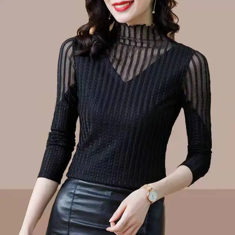 

2021 spring new half-turtleneck wooden ear lace with a base Blouse Feminine Flavor Lantern Sleeve Top