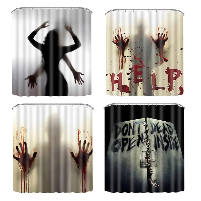 

Metal Grommet Holes Shower Curtain Liner 3D Digital Print Halloween 12 Hooks Waterproof Shower Screen Thick Design For Bathroom