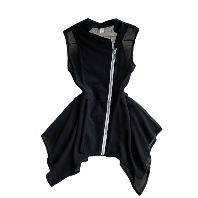 

2021 Summer Korean Fashion Women Summer Irregular Shoulder Street Mid-length Cardigan Shirt Girls Chiffon Vest Top