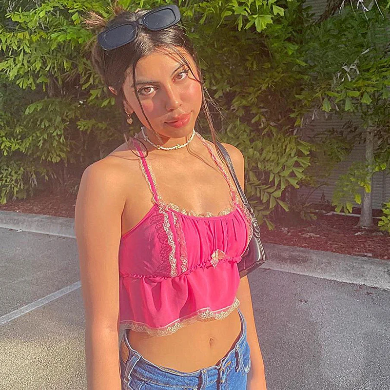 

2021 Summer Y2k Kawaii Pink Crop Tops for Women Cute Patchwork Lace Edge Sleeveless Sexy Ruched Camisole Top Women's Clothing