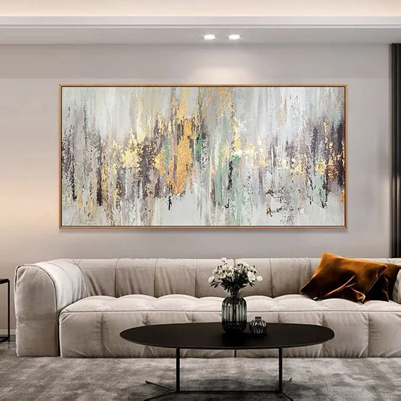 

100% Hand painted Gray Golden Blue Abstract Dreamlike Shading Oil Painting Canvas Handmade oil Painting Home Decor wall Artwork