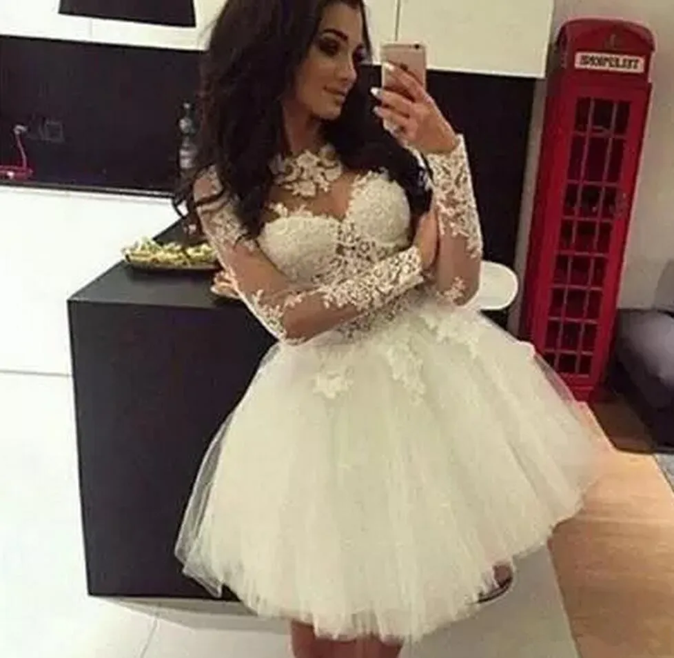 Пышное белое кружевное короткое свадебное мини платье с длинным рукавом 2018 милое