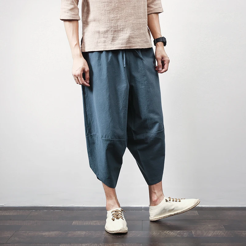 Шаровары мужские из хлопка и льна повседневные брюки до щиколотки однотонные