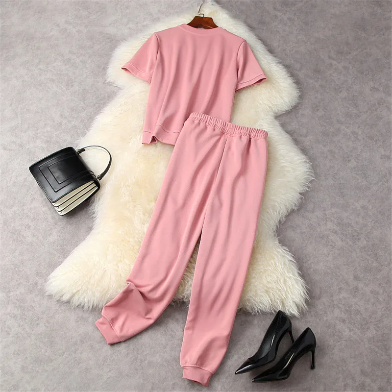 

High Street Women Fashion Summer Outfits Short Sleeve Casual Diamonds Cartoon T Shirt and Pants Suit 2 Piece Clothing Sets