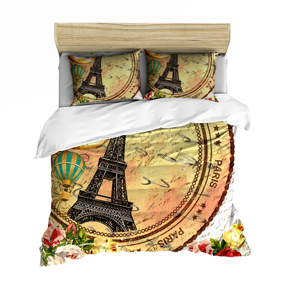 

Modern Eiffel Tower Printed Bedding Set 3d Retro Stamp Style Bedding Set Single Double Microfiber Comforter Pillowcase