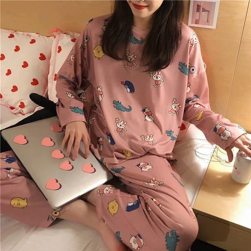 

Women Cartoon Pajamas Set Autumn Winter Round-neck Long Sleeve Sleepwear Kawaii Print Female Comfort Plus Size XXL Homewear