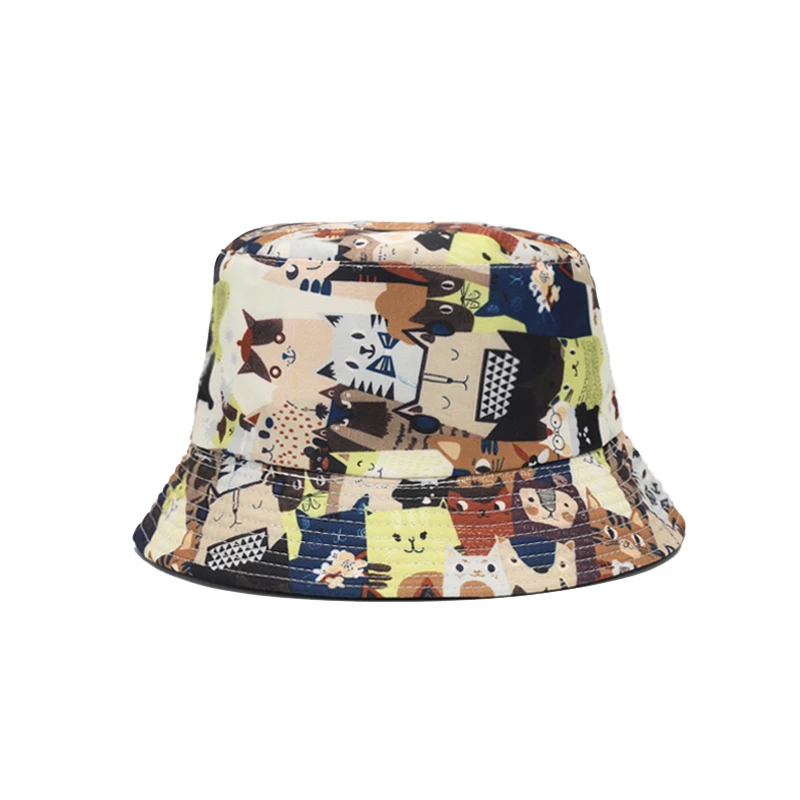

Korean Bucket Hat Women Cartoon Cat Pattern Double Sided Fisherman Hat Spring Summer Sun Hat Female Male Flat Top Sunshade