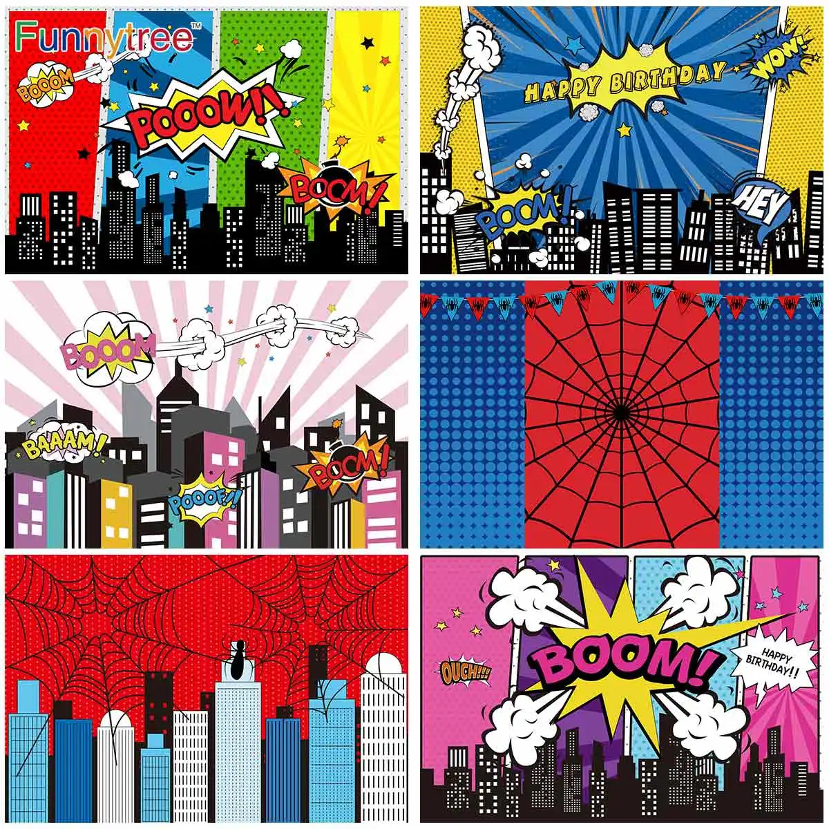 

Funnytree Hero Birthday Party Backdrop Spider Baby Shower Boy Photography props Boom Photozone Night Shiny Building Background