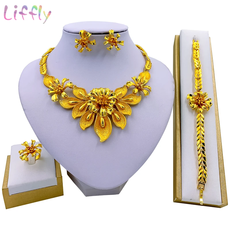 Liffly Модные Ювелирные наборы из Дубая золотые свадебные цветочные ожерелья