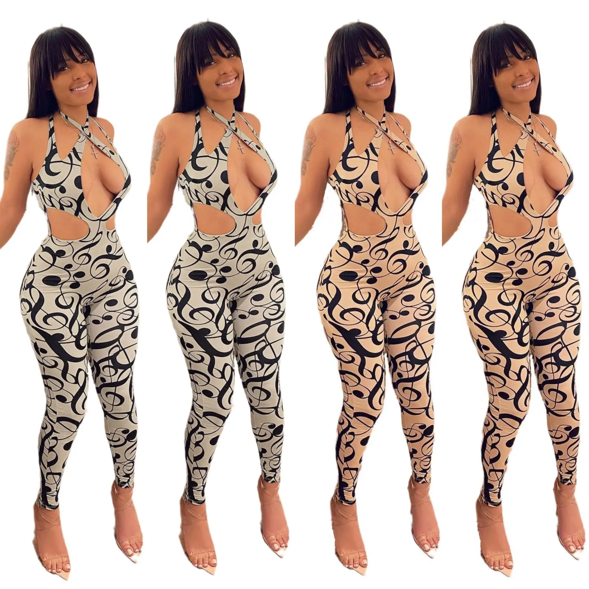 

2021 Sexy Printed Open-waist Halter Jumpsuit Hollow Out Sweatpants Joggers Women Stylish Fad Curve Body-con Pants Wholesale